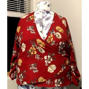 Red Floral Wrap Top